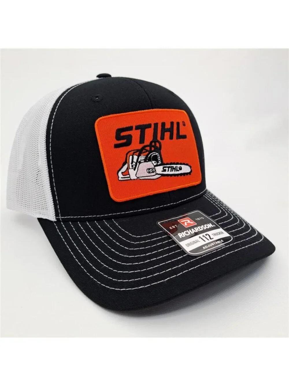 Retro Chainsaw Forestry Patch Black White Richardson 112 Trucker Hat Embroidered